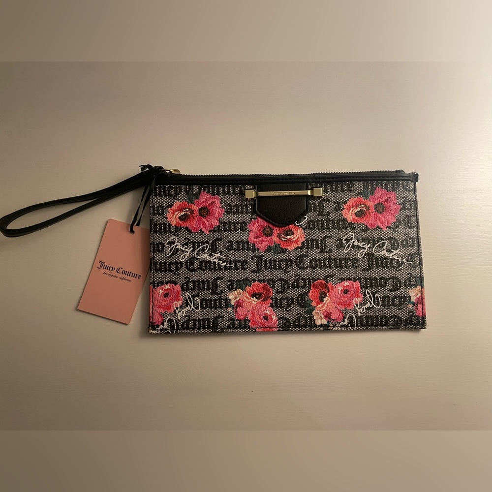 Juicy Couture Black and Pink Floral Wristlet